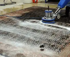 Professional rug cleaning with a rotary floor machine and shampoo foam, deep-cleaning an area rug, in Fargo, ND.